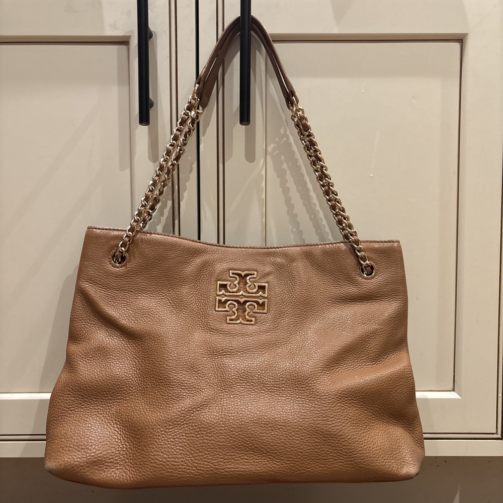 Tory Burch Women's Brown Leather Britten Triple Compartment Shoulder Bag 10"x13"